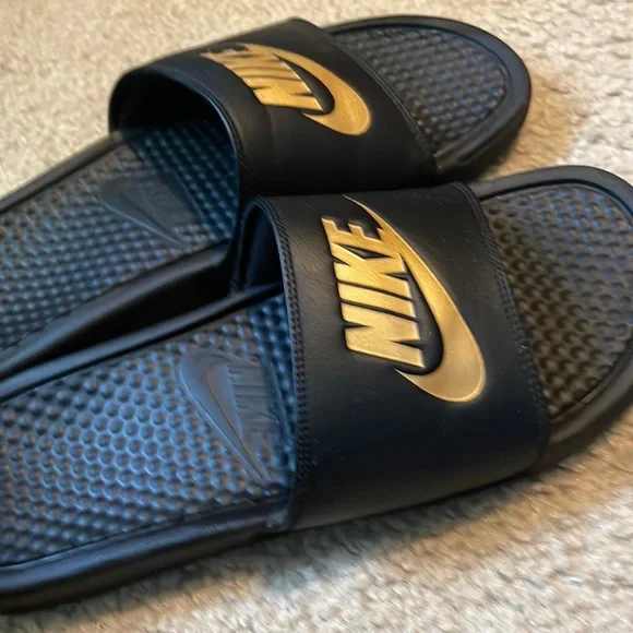 Nike Shoes Gold And Black Nike Slides They Have Small Creases